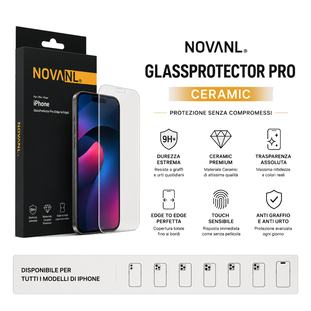 PELLICOLA VETRO TEMPERATO IPHONE 11-17 PRO MAX EDGE TO EDGE FULL COVER NOVANL
