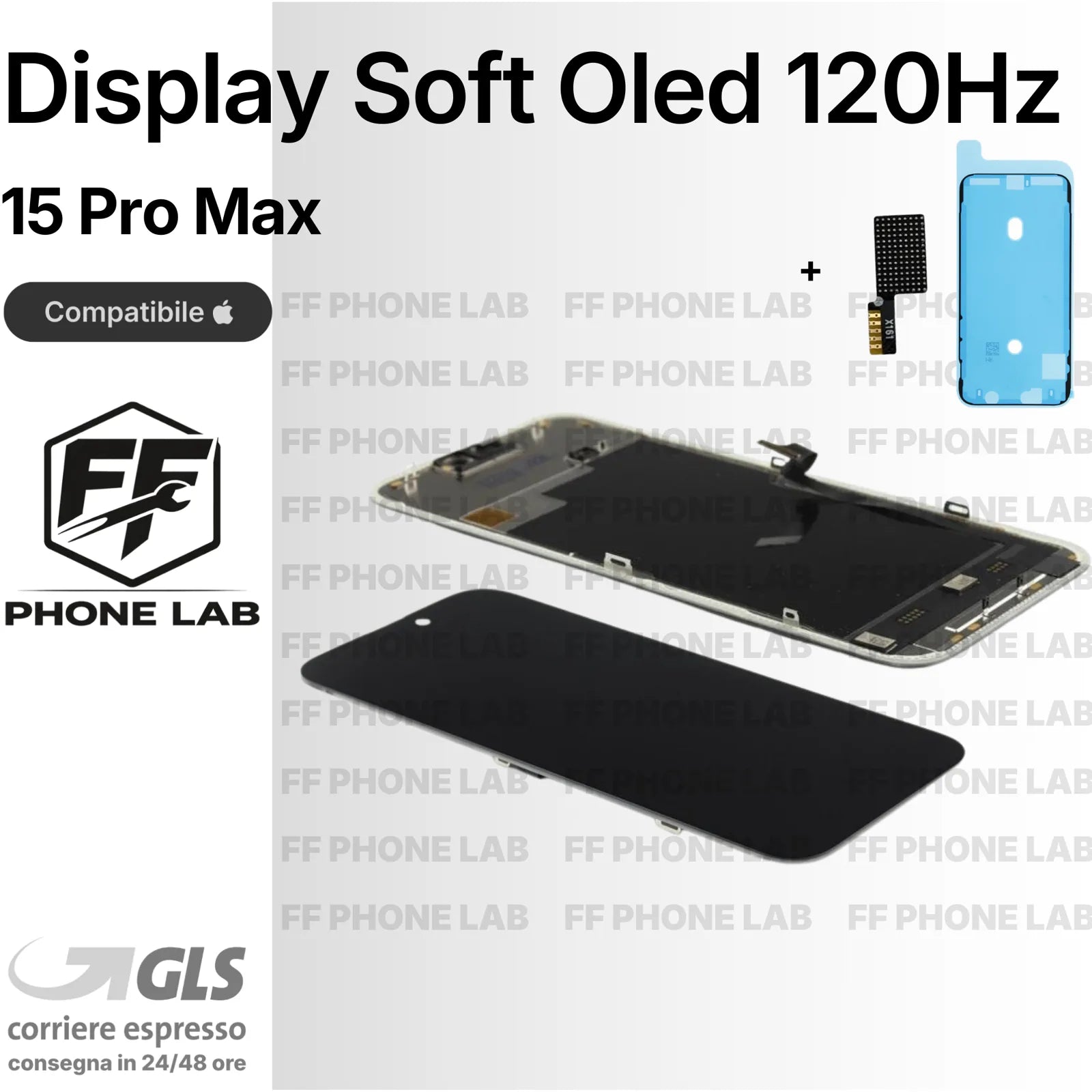DISPLAY APPLE IPHONE 15 PRO MAX SOFT OLED 120HZ PARI ORIGINALE SCHERMO + ADESIVO